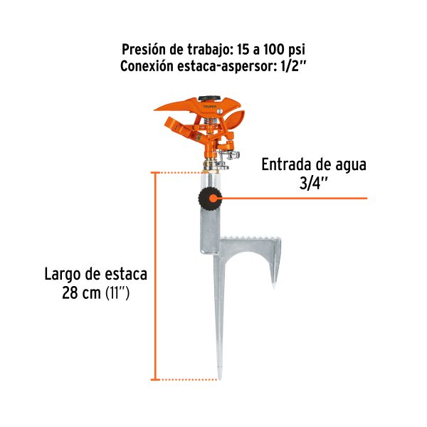 ASP-11RFC2.jpg 10323 - Aspersor metálico 14' dos vías, reforzado, estaca de escalón