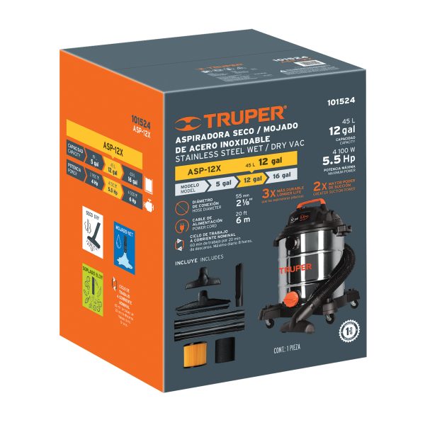 101524 - Aspiradora de sólidos y líquidos, 12 gal, acero inox, Truper