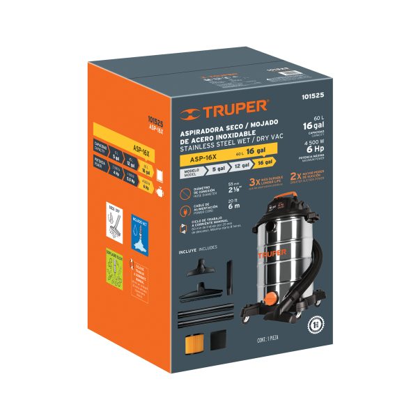 101525 - Aspiradora de sólidos y líquidos, 16 gal, acero inox, Truper