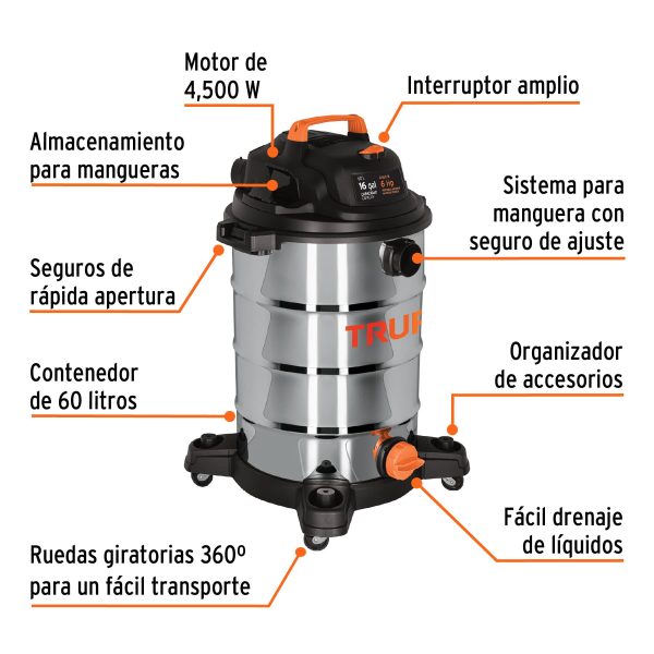 101525 - Aspiradora de sólidos y líquidos, 16 gal, acero inox, Truper