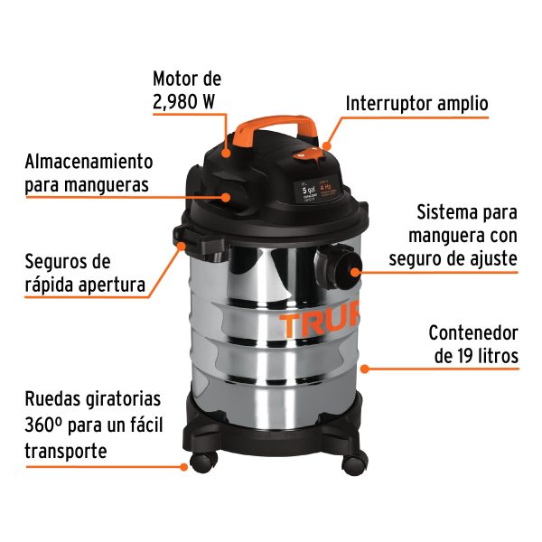 101523 - Aspiradora de sólidos y líquidos, 5 gal, acero inox, Truper