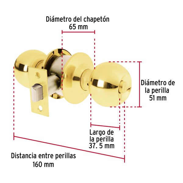 23566 - Cerradura tipo esfera, cilíndrico, baño, brillante, BASIC