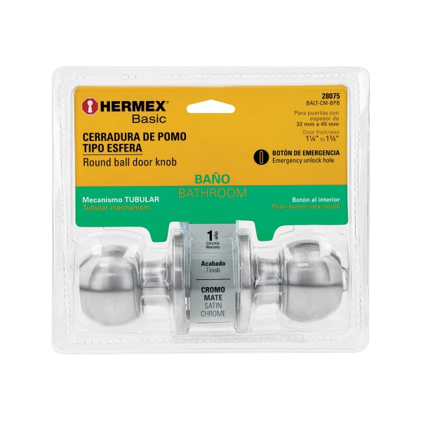 28075 - Cerradura esfera tubular, baño, cromo, blíster, HERMEX BASIC