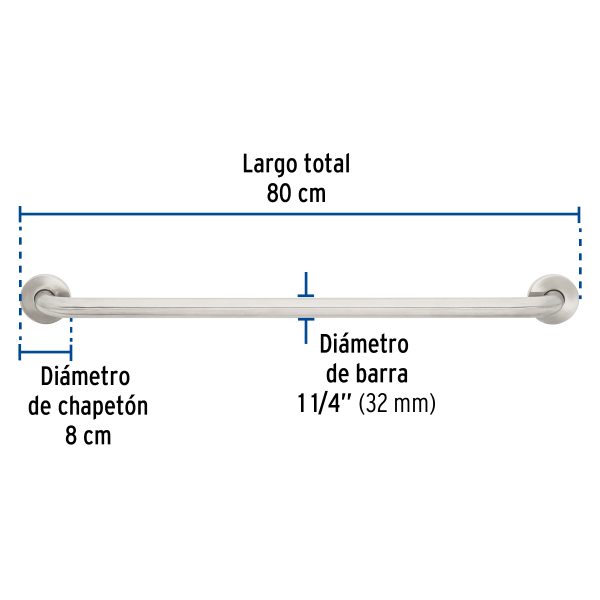 46886 - Barra recta de seguridad, acero inox, 1-1/4' x 80cm, FOSET