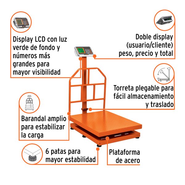 15733 - Báscula electrónica de plataforma, plegable, 500 kg, Truper