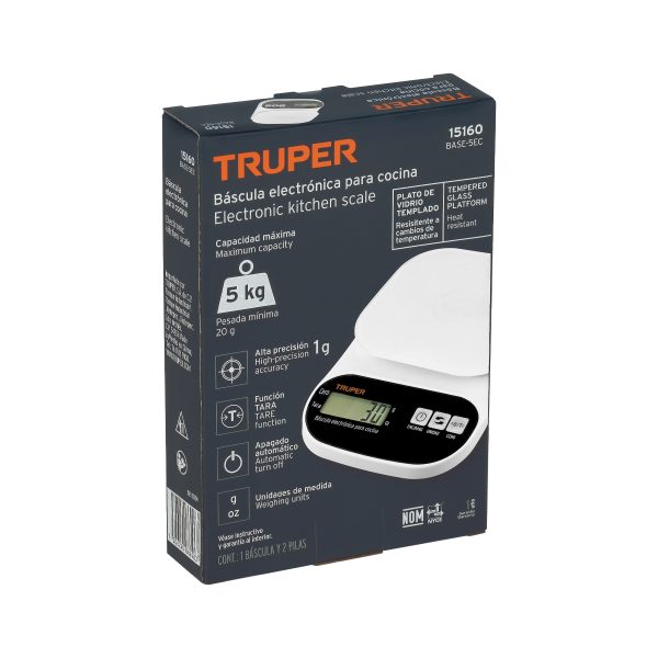 15160 - Báscula digital para cocina, plato de vidrio, 5 kg, Truper