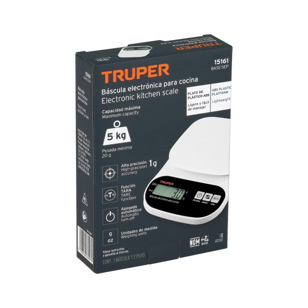 15161 - Báscula digital para cocina, plato de ABS, 5 kg, Truper