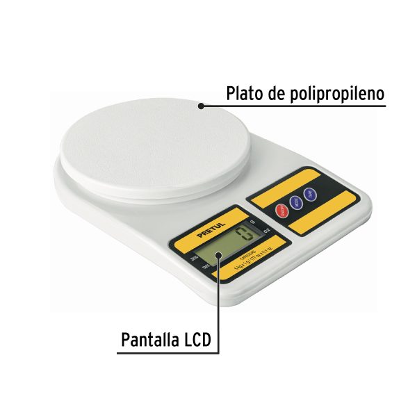 28309 - Báscula digital para cocina, plato de poliprop, 5 kg, Pretul