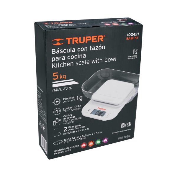 102421 - Báscula digital para cocina, con tazón, 5 kg, Truper