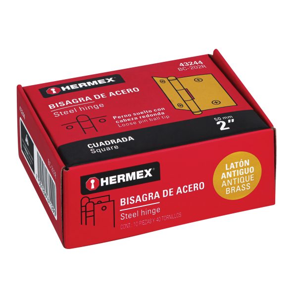 43244 - Bisagra cuadrada 2', latón antiguo, cabeza redonda, HERMEX