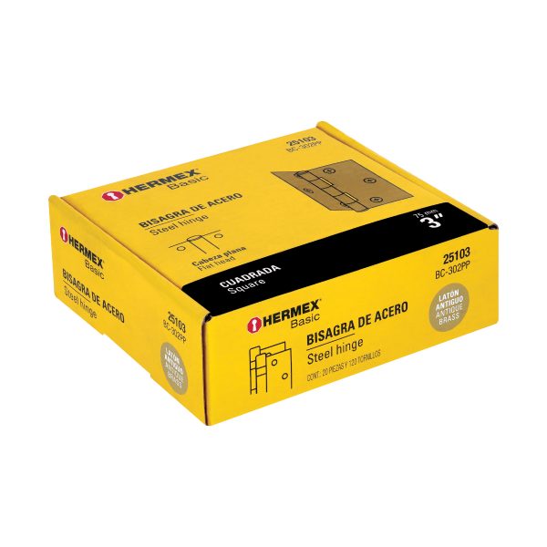 25103 - Bisagra cuadrada 3', latón antiguo, cabeza plana, BASIC