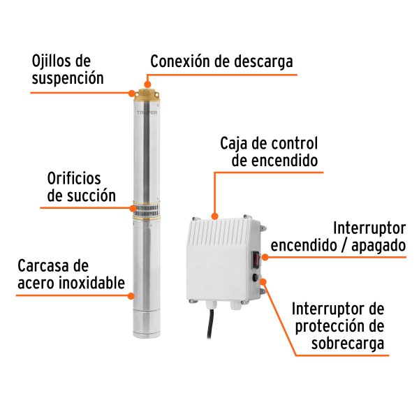 102976 - Bomba sumergible tipo bala, 1-1/2HP, agrícola, 220V, TRUPER