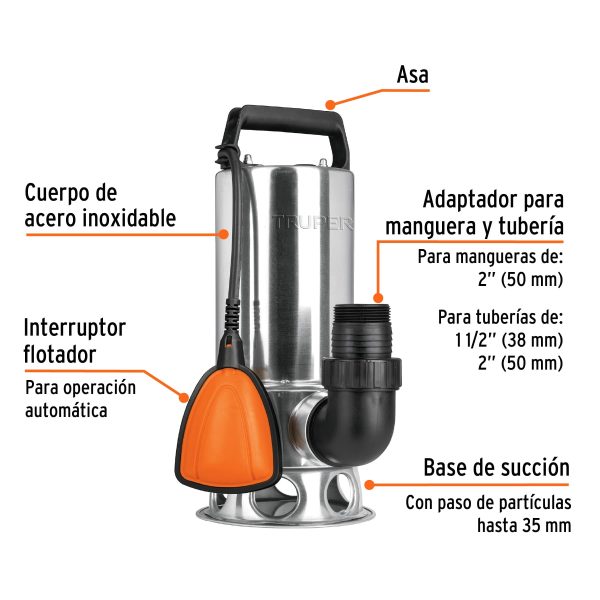 12608 - Bomba sumergible acero inoxidable,agua sucia,1-1/2HP, TRUPER