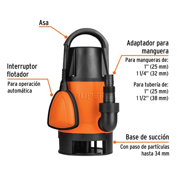 12604 - Bomba sumergible plástica, 1-1/2 HP para agua sucia, Truper
