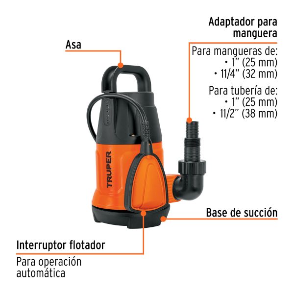12601 - Bomba sumergible plástica, 1/2 HP para agua limpia, Truper