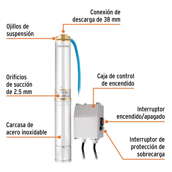 12625 - Bomba sumergible tipo bala, 1HP, uso agrícola, TRUPER