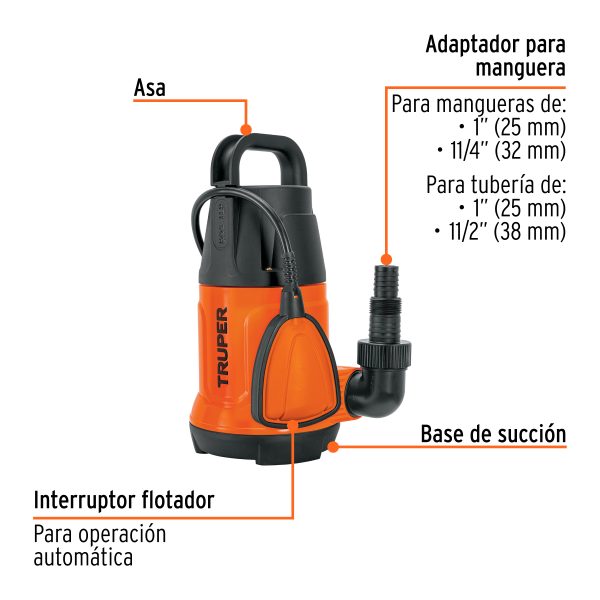 12602 - Bomba sumergible plástica, 1 HP para agua limpia, Truper