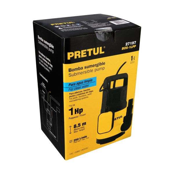 27197 - Bomba sumergible plástica, 1 HP para agua limpia, Pretul