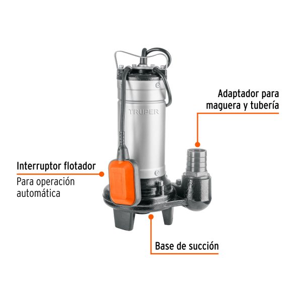 104077 - Bomba sumergible acero inox./hierro, a.sucia, 1HP, Truper