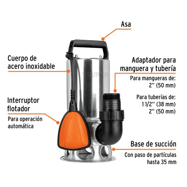 12607 - Bomba sumergible acero inoxidable, agua sucia, 1 HP, TRUPER