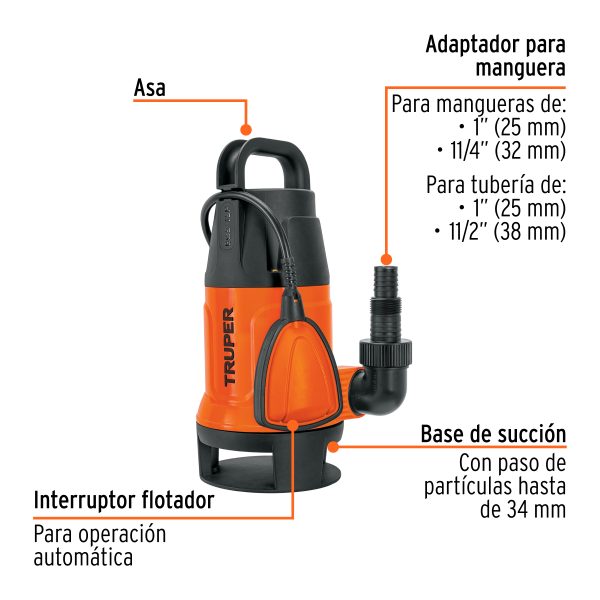 12603 - Bomba sumergible plástica, 1 HP para agua sucia, Truper