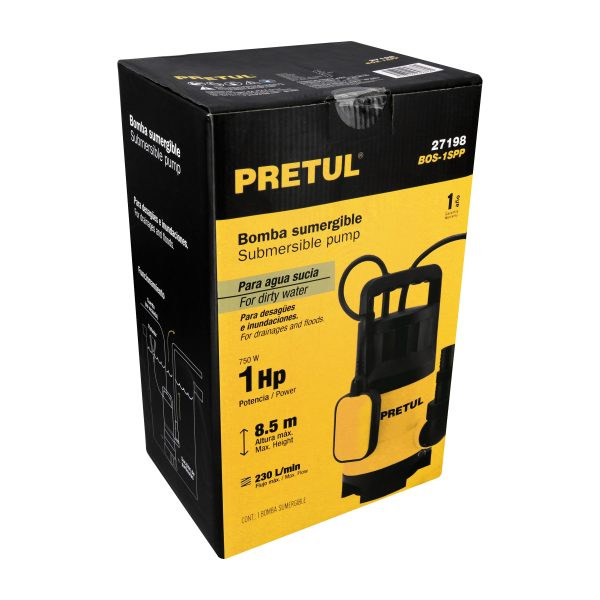27198 - Bomba sumergible plástica, 1 HP para agua sucia, Pretul