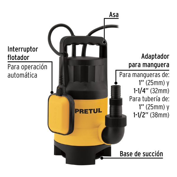 27198 - Bomba sumergible plástica, 1 HP para agua sucia, Pretul