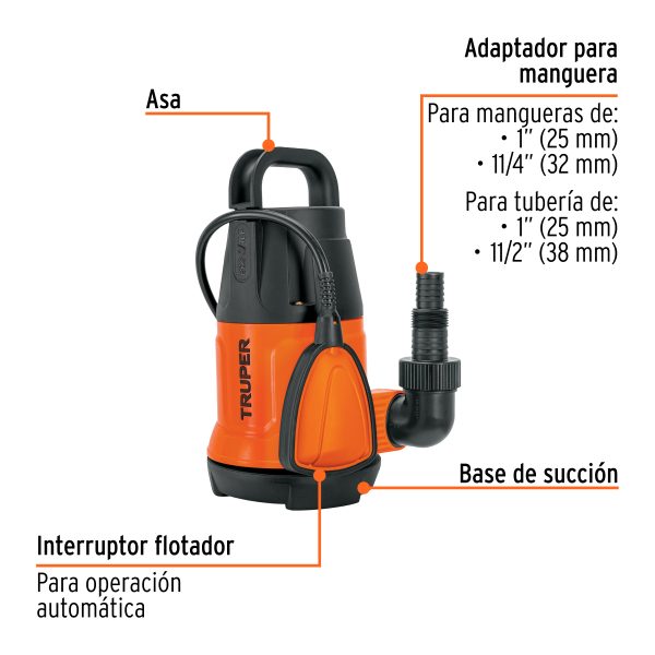 12600 - Bomba sumergible plástica, 3/4 HP para agua limpia, Truper