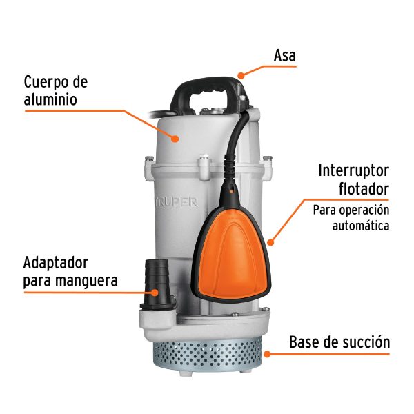 15002 - Bomba sumergible cubierta aluminio,agua limpia,3/4HP, TRUPER