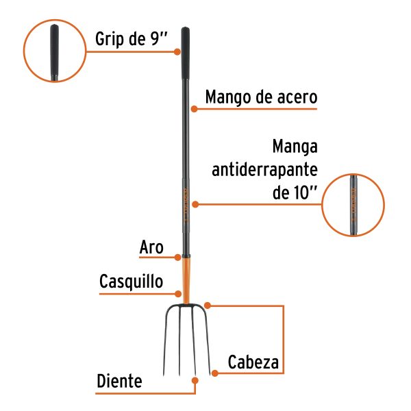 102100 - Bieldo para paja, 4 dientes, mgo largo de acero 48' TRUPER