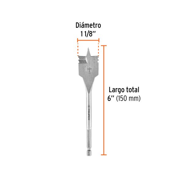 11387 - Broca plana de manita 1-1/8' para madera, Truper