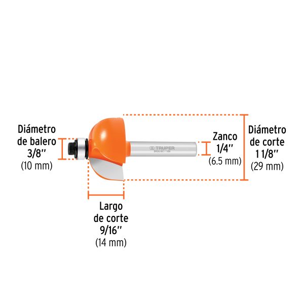 11485 - Broca para router, bocel cuarto, 1-1/8' con balero, Truper