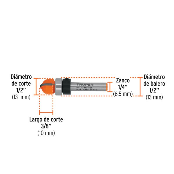 11464 - Broca para router, media caña, 1/2' con balero, Truper