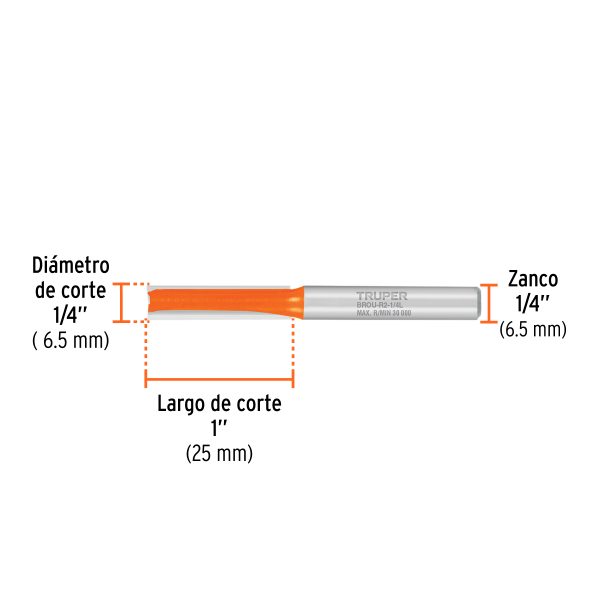 11453 - Broca para router, recta 2 filos, 1/4', larga, Truper