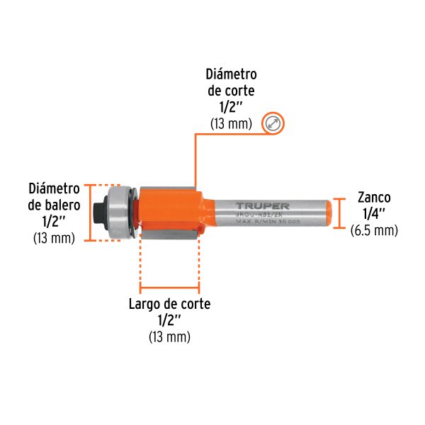 11444 - Broca para router, corte recto, 1/2' con balero, Truper