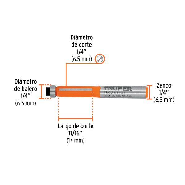 102720 - Broca para router, corte recto, 1/4' con balero, Truper