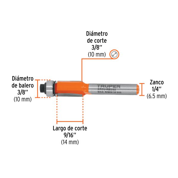 102721 - Broca para router, corte recto, 3/8' con balero, Truper