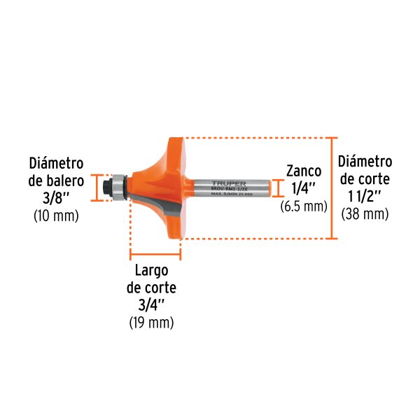 11474 - Broca para router, redondeado con moldura, 1-1/2' con balero