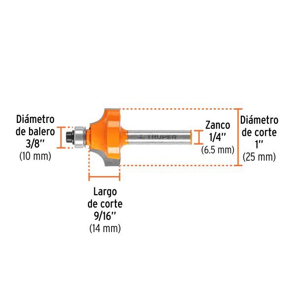 11472 - Broca para router, redondeado con moldura, 1' con balero