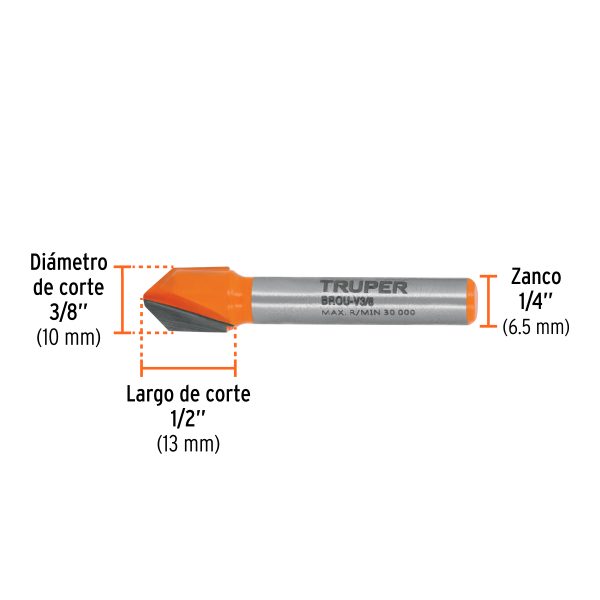 11465 - Broca para router, corte en 'V', 3/8', Truper