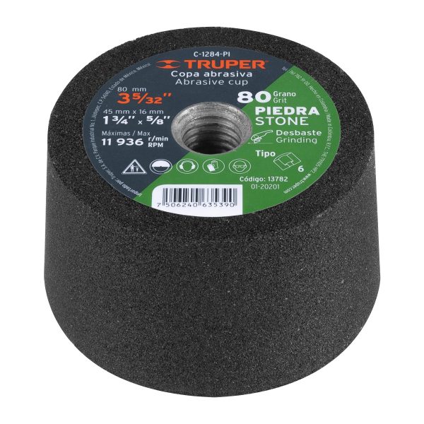 13782 - Copa desbaste de piedra 3-5/32' grano 80, eje 5/8-11, Truper