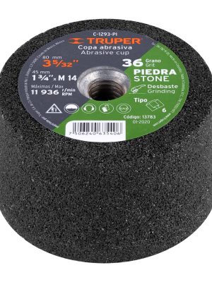 C-1293-PI.jpg 13783 - Copa desbaste de piedra 3-5/32' grano 36, eje M14, Truper