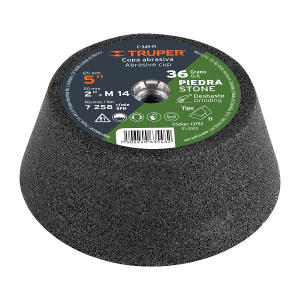 13792 - Copa desbaste de piedra 5' grano 36, eje M14, Truper