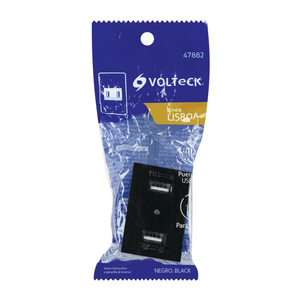 47882 - Toma con 2 puertos USB negro de 1.5 módulos, línea Lisboa