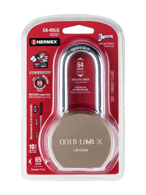 43337 - Candado redondo, 65mm, gancho largo, llave de puntos,blister