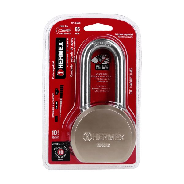 43339 - Candado redondo, 65mm, gancho largo, llave tetra, blister