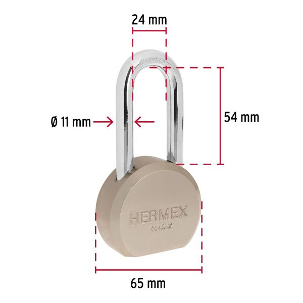 43339 - Candado redondo, 65mm, gancho largo, llave tetra, blister