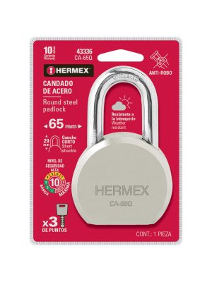 43336 - Candado redondo, 65mm, gancho corto, llave de puntos,blister
