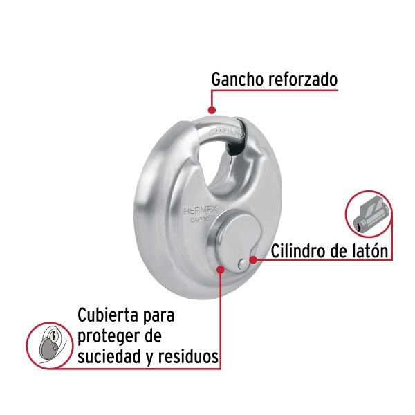49473 - Candado circular acero inox, cilindro latón, 70 mm
