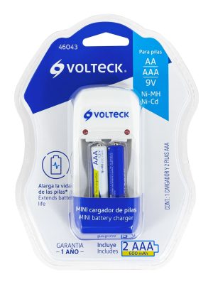 46043 - Cargador de pilas, AA, AAA y 9V incluye 2 pilas AAA, Volteck